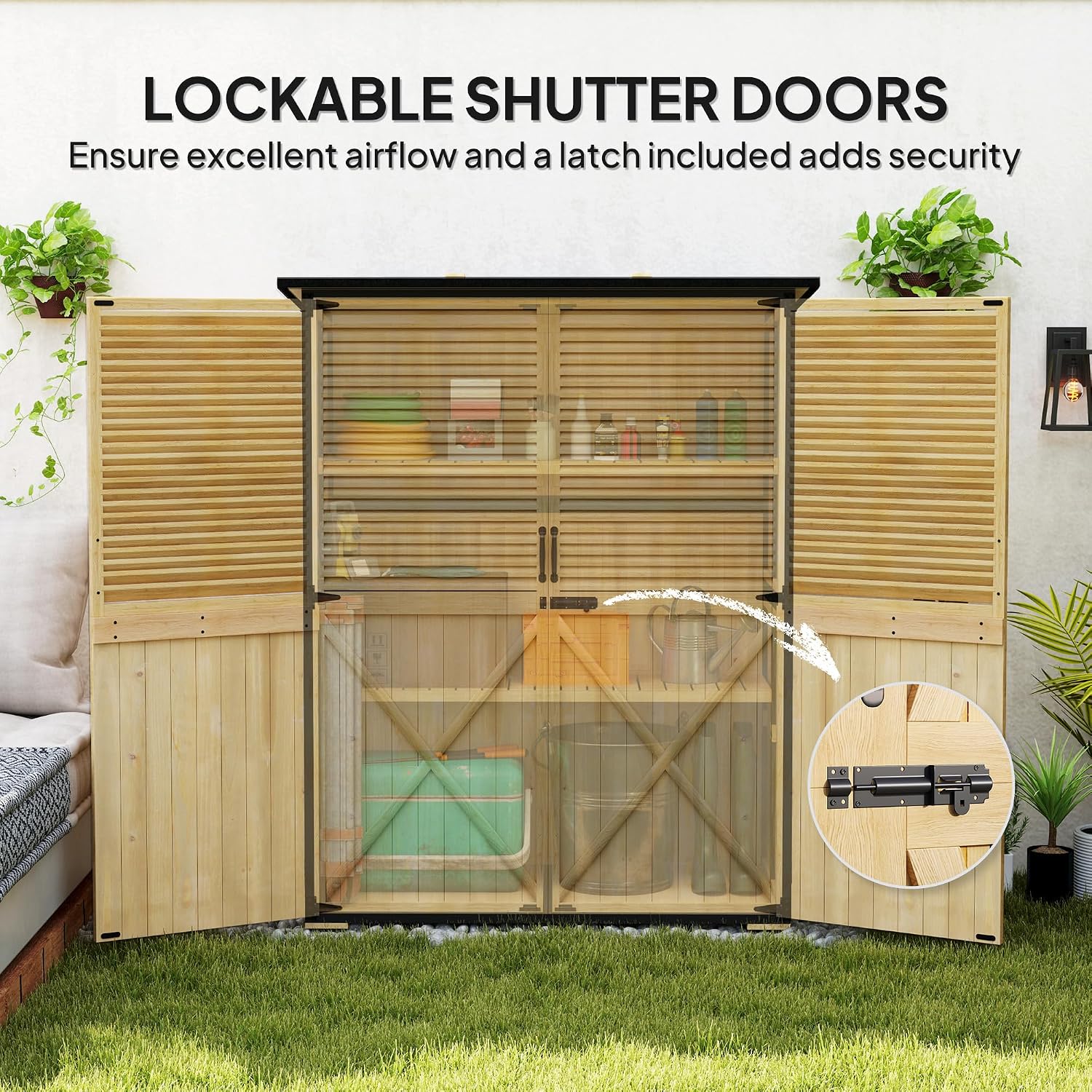 Outsunny Outdoor Storage Cabinet, Wood Garden Tool Shed with Lock, Steel Frame and Asphalt Roof, Garden Storage Shed with Adjustable Shelves and Feet for Patio Backyard Lawn, Natural