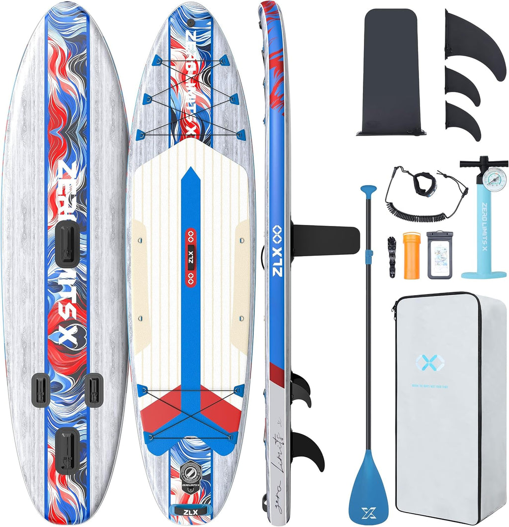 ZLX Inflatable Stand Up Paddle Board, 10'6' SUP Non-Slip Stable Deck Pad, Unique Center Fin, Premium Accessories, Paddleboard for Adults, Beginners, All Skill Levels