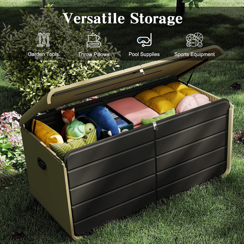 Domi 200 Gallon Resin Deck Box, Waterproof & UV-Resistant Outdoor Large Storage Box Lockable Storage Bin for Patio Cushions Pool Supplies Garden Tools and Delivery Storage