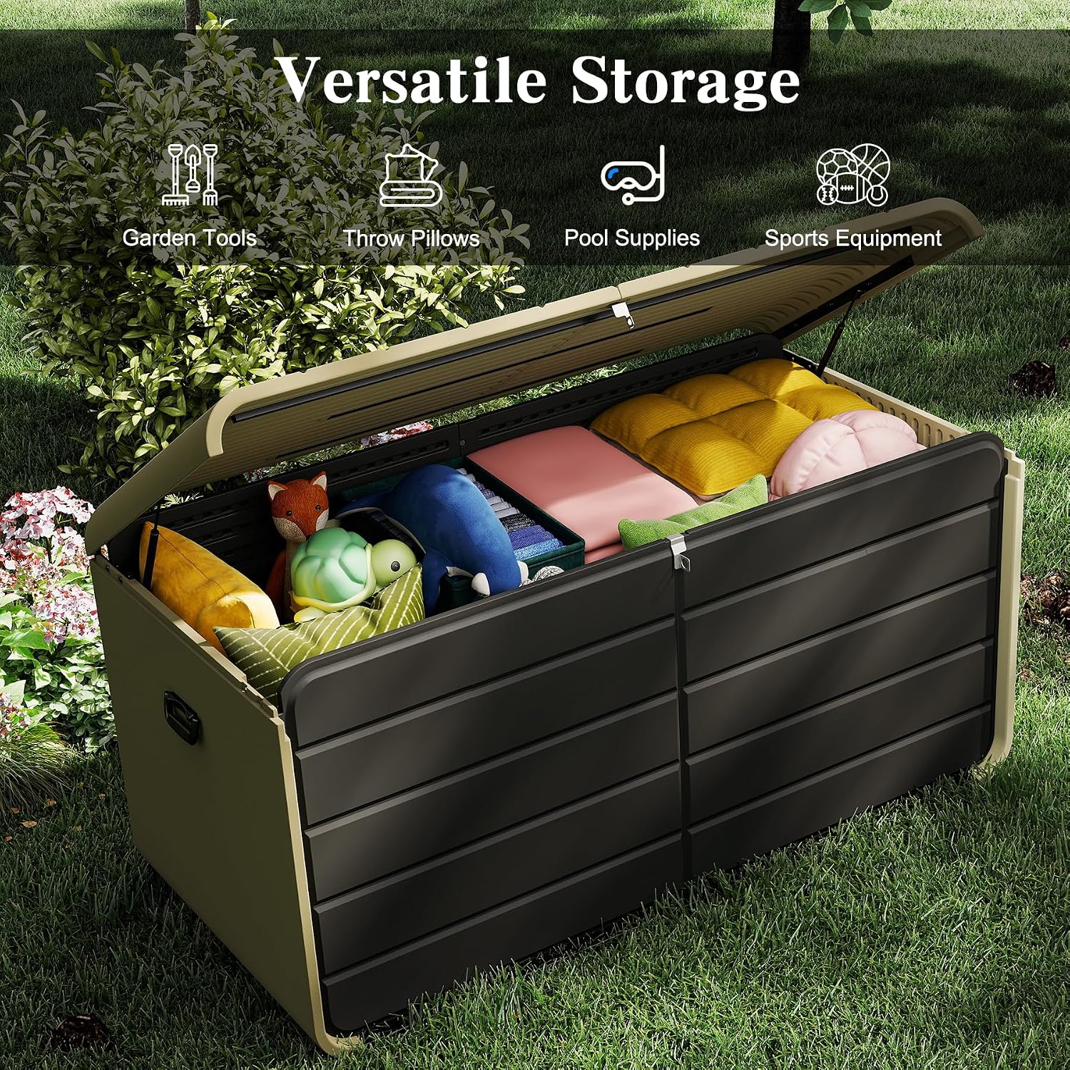 Domi 200 Gallon Resin Deck Box, Waterproof & UV-Resistant Outdoor Large Storage Box Lockable Storage Bin for Patio Cushions Pool Supplies Garden Tools and Delivery Storage
