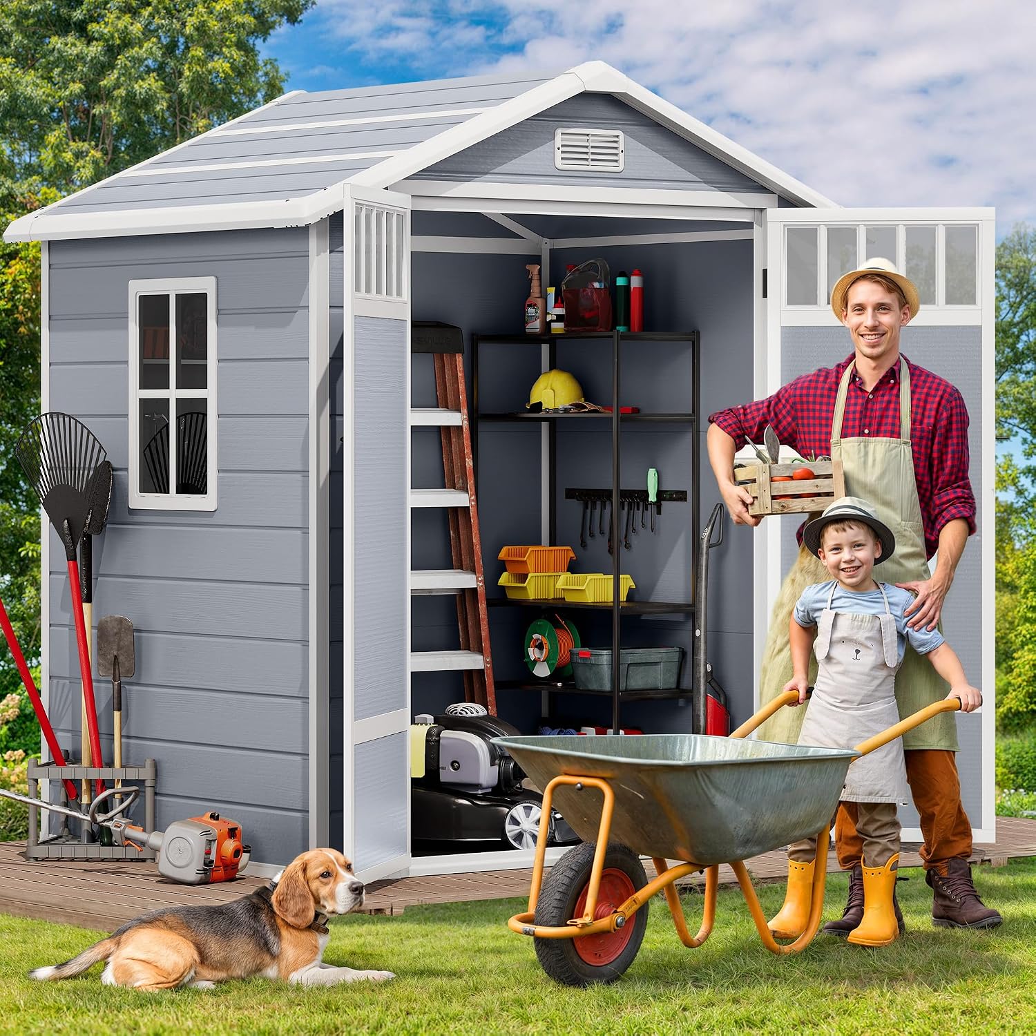 DWVO 6x4.4 FT Resin Storage Shed with Fence-Style and Side Windows, Lockable Door, and Vents for Garden, Backyard, Patio, Lawn, Gray