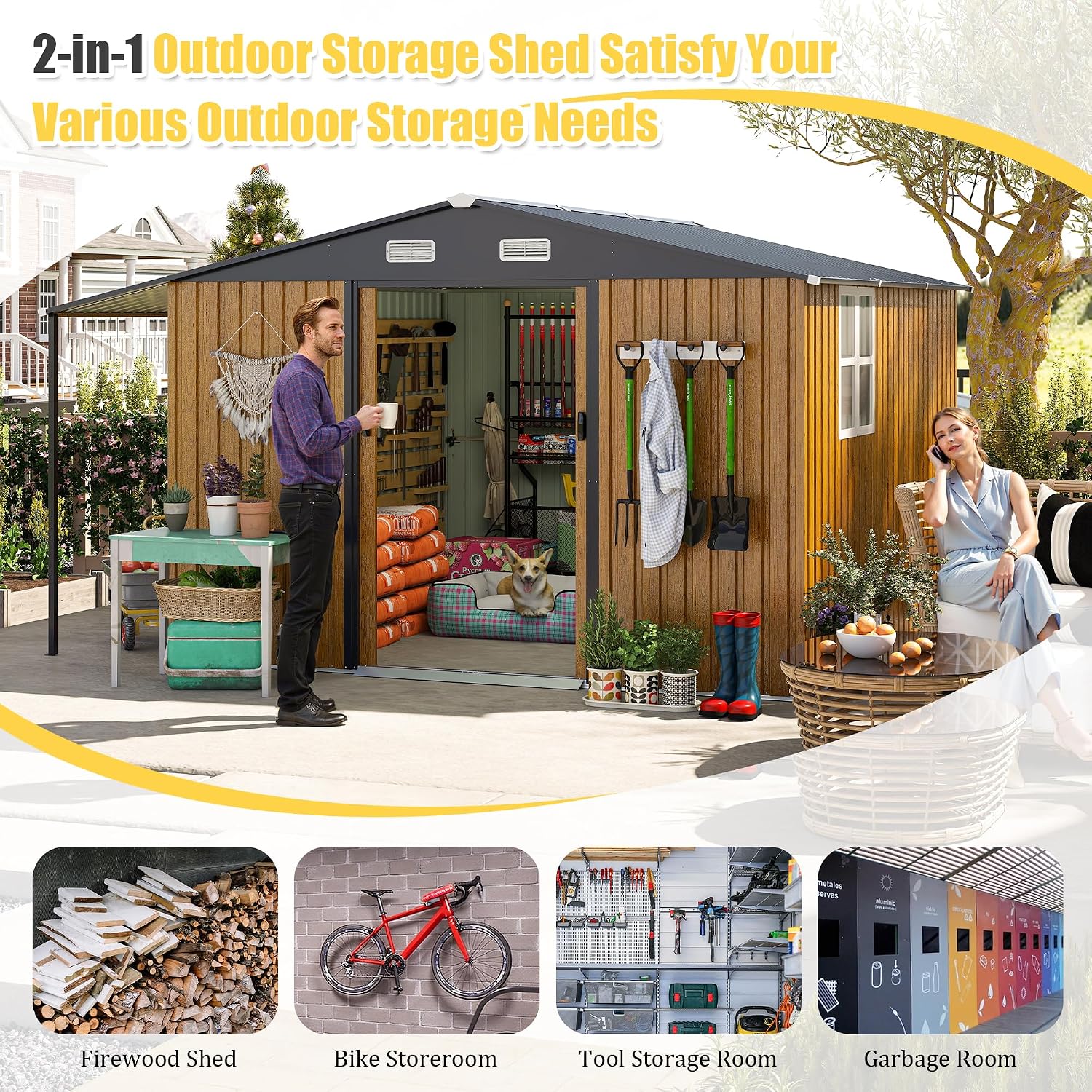YOPTO 10x12 FT Outdoor Storage Shed,Extra Large Metal Garden Tool Shed with Lockable Doors,Windows & Air Vents,Dual-Zone Design Outside Steel Tiny House for Backyard, Patio Lawn,Yellow
