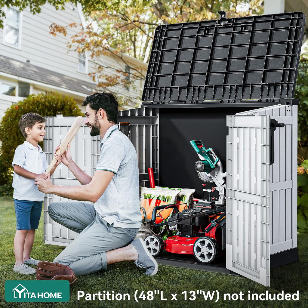 YITAHOME 36 cu ft Resin Outdoor Storage Shed, Weather-Resistant Horizontal Tool Shed, Waterproof Outdoor Storage with Lockable Doors & Air Vent for Trash Cans, Garden Tools (Light Gray)