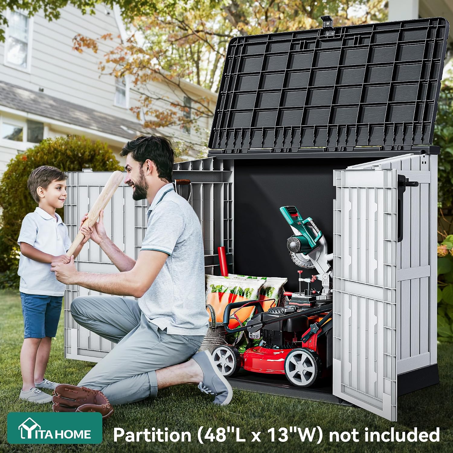 YITAHOME 36 cu ft Resin Outdoor Storage Shed, Weather-Resistant Horizontal Tool Shed, Waterproof Outdoor Storage with Lockable Doors & Air Vent for Trash Cans, Garden Tools (Light Gray)