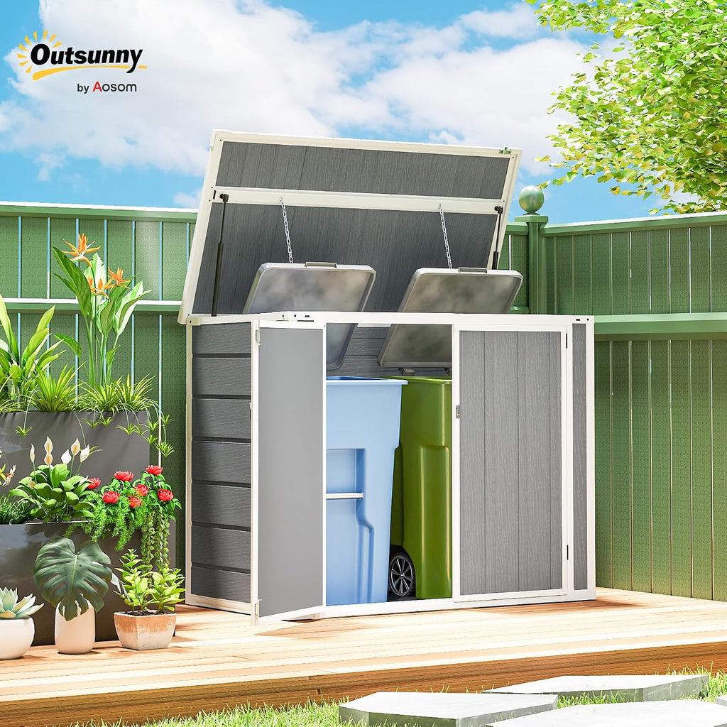 Outsunny 41 Cu. Ft. Outdoor Storage Shed with Chain Lid, Waterproof Outdoor Horizontal Trash Can Storage with Lockable Storage Box for Trash Cans, Garden Tools, Gray