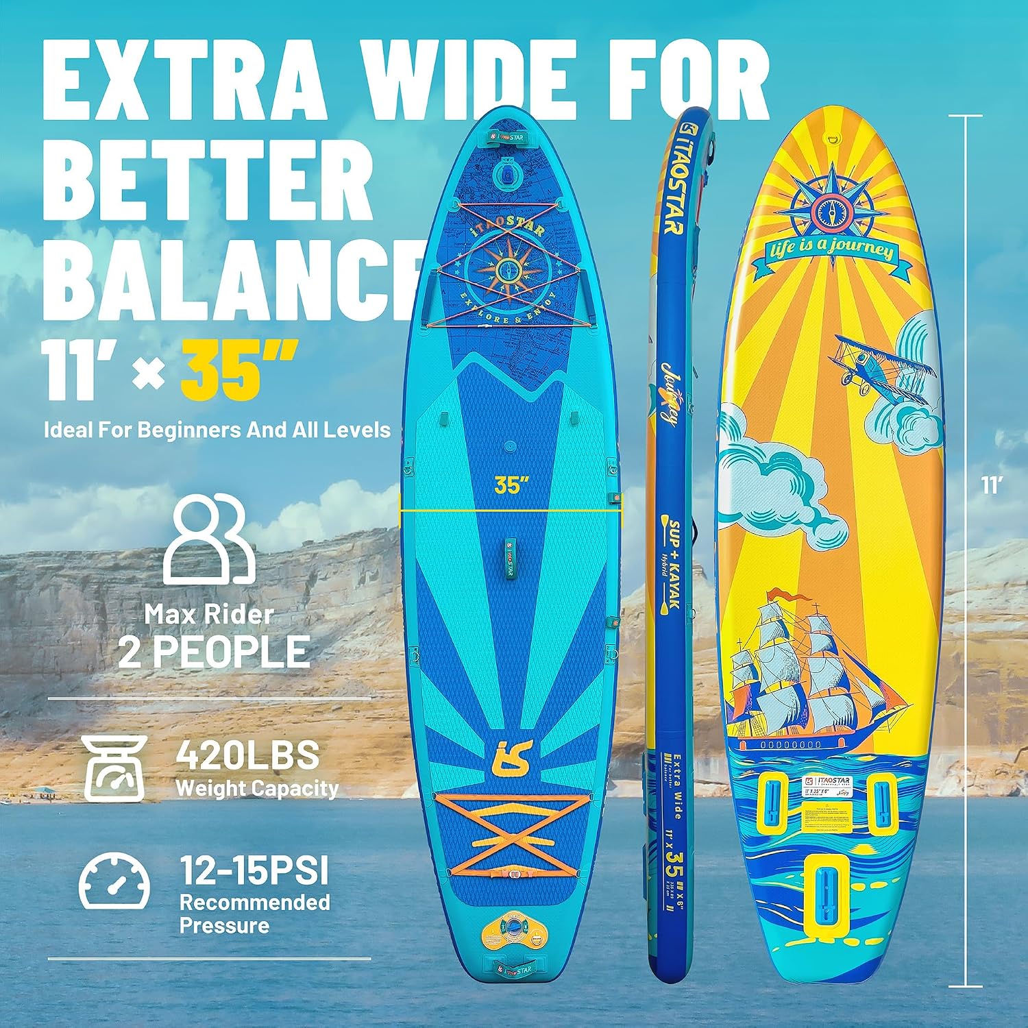 iTAOSTAR Journey 11'6' / 11'×34' / 11'×35' Extra Wide Paddle Board, One-Stop Premium SUP Board Accessories, Tailored Fins, Stable Inflatable Stand Up Paddle Boards for Youth/Adults of All Skill Levels