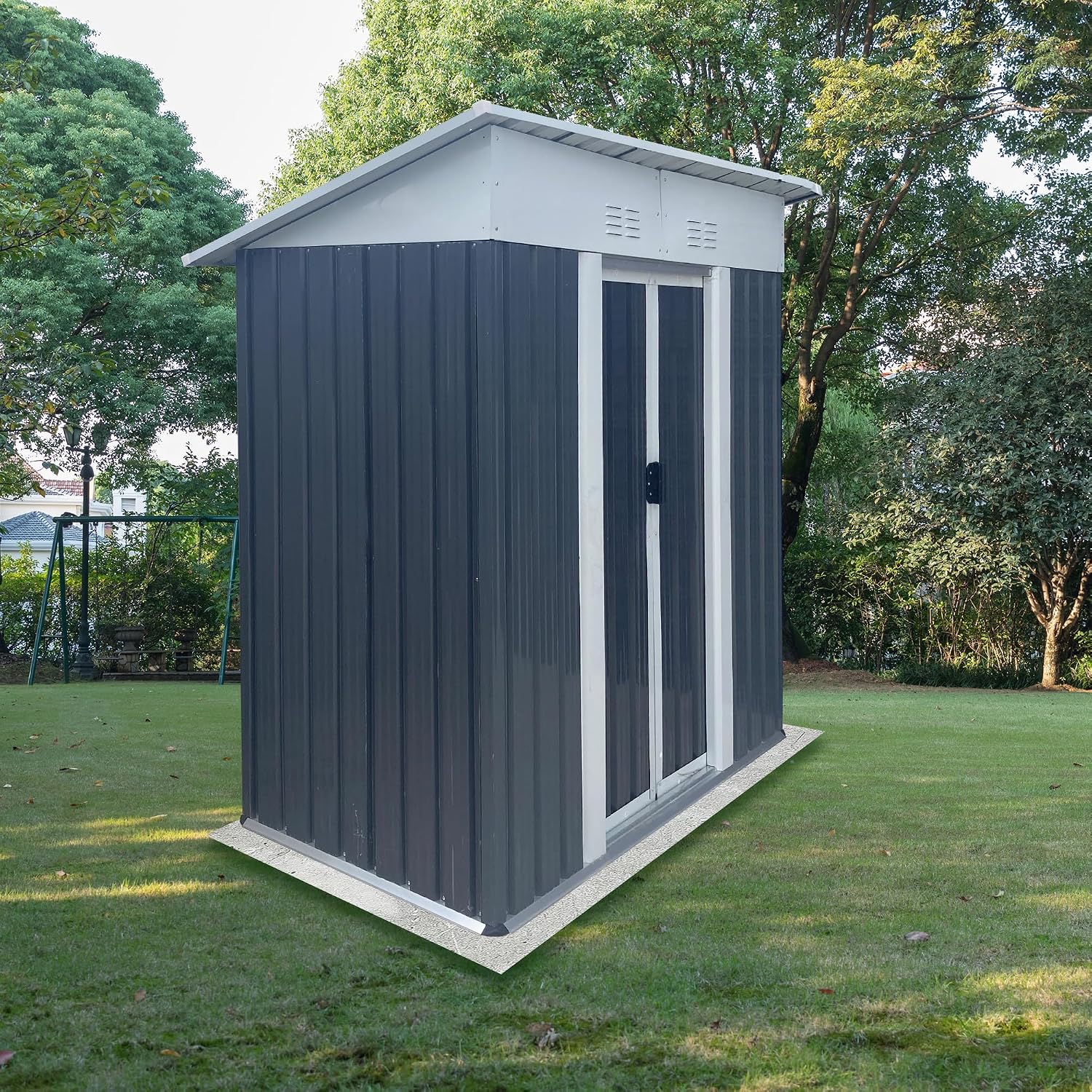 YOPTO 5x3FT Storage Shed with Sliding Lockable Door,Metal Outdoor Tool House W/Sloped Roof,All Weather Waterproof,for Backyard,Patio,Lawn,Garden,Grey