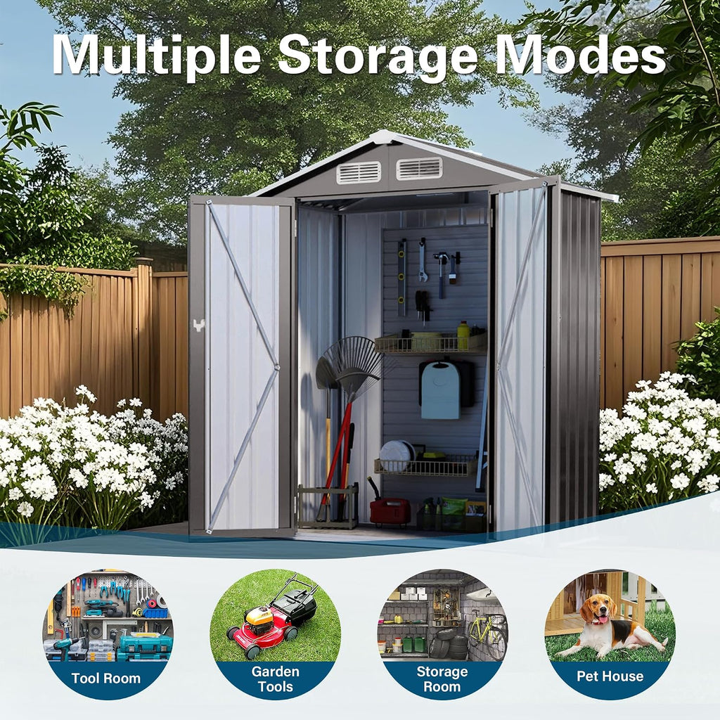5X3 FT Metal Storage Shed, Tool Shed Outdoor Storage with Peaked Roof Waterproof and Clear Window, Metal Storage Shed with Lockable Door, Galvanized Steel Outdoor Shed for Backyard Patio,Gray