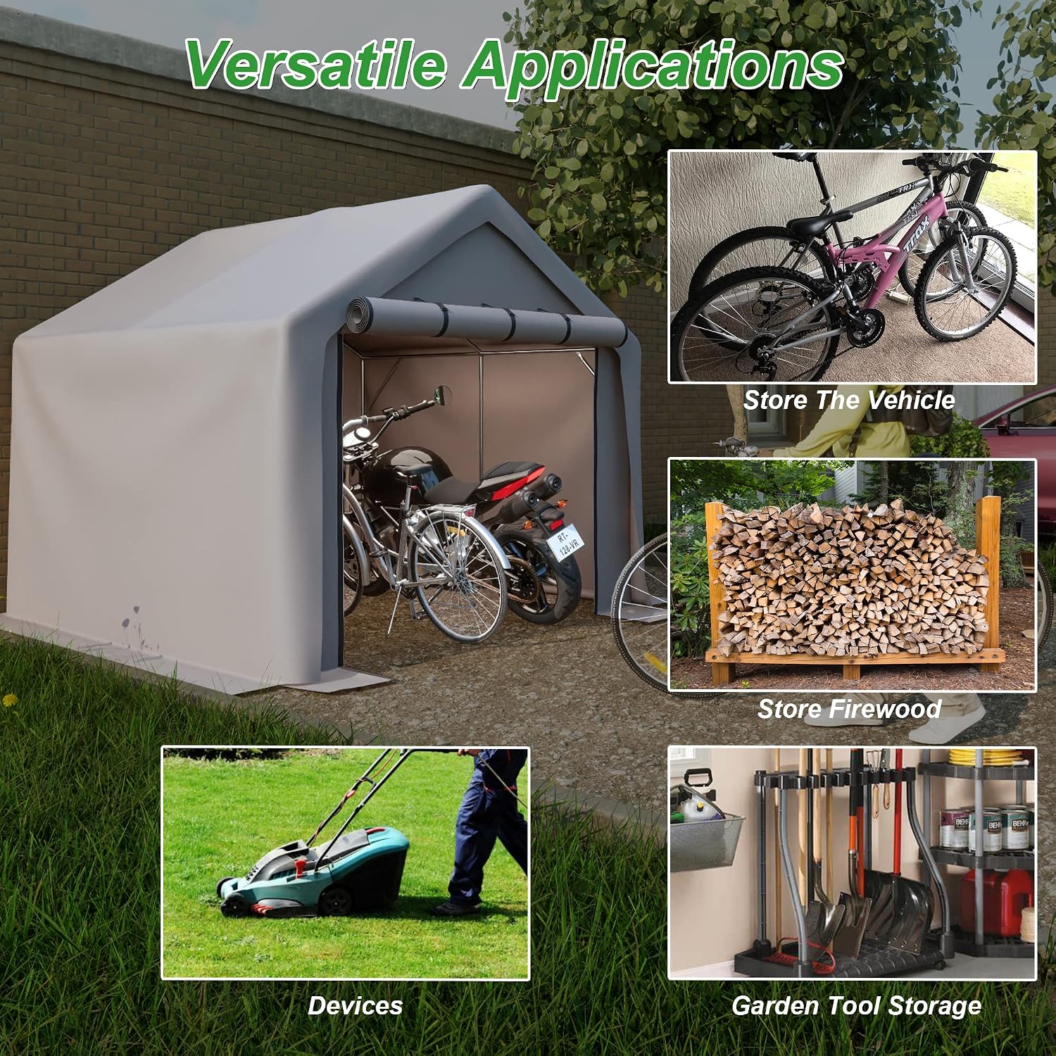 8x8 ft Portable Outdoor Storage Tent Shelter Shed, Heavy Duty Storage Tent with Roll-up Doors Shelter for Garden Tool, Lawn Mower, Motorcycleand, Bike - Gray
