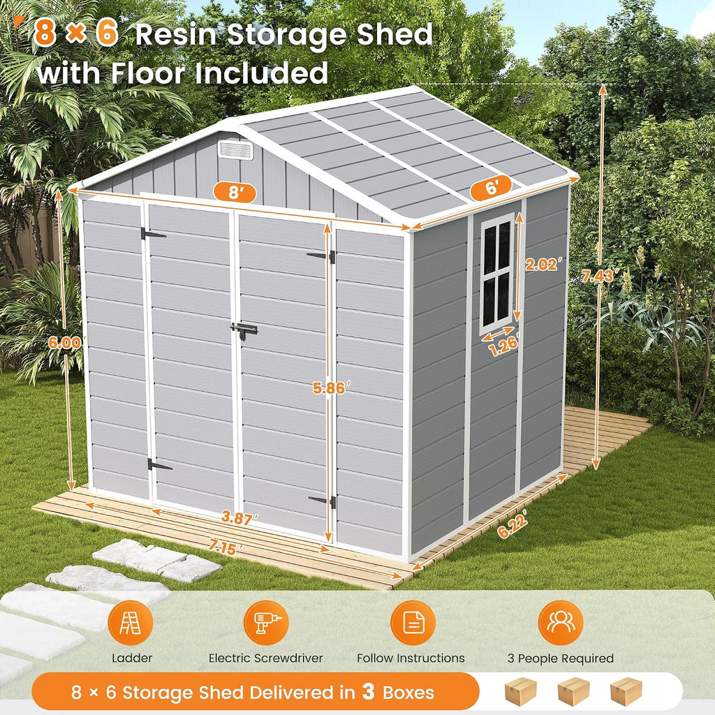 UDPATIO Resin Storage Shed 8 x 6 FT, Outdoor Garden Sheds with Floor Plastic Patio Outdoor Storage Shed with Lockable Door, Gray White