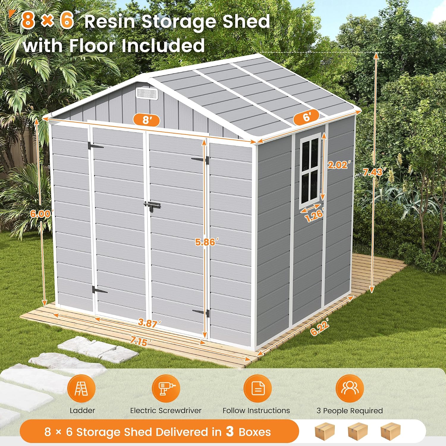 UDPATIO Resin Storage Shed 8 x 6 FT, Outdoor Garden Sheds with Floor Plastic Patio Outdoor Storage Shed with Lockable Door, Gray White