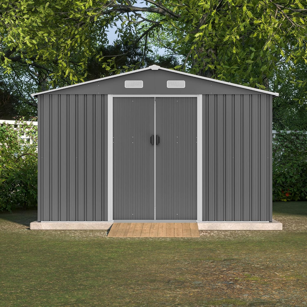 YOPTO 10X8 FT Outdoor Storage Shed W/Lockable Sliding Doors,Metal Shed W/Sloped Roof & Air Vents,All Weather Garden Tool House for Backyard Patio Lawn,Gray