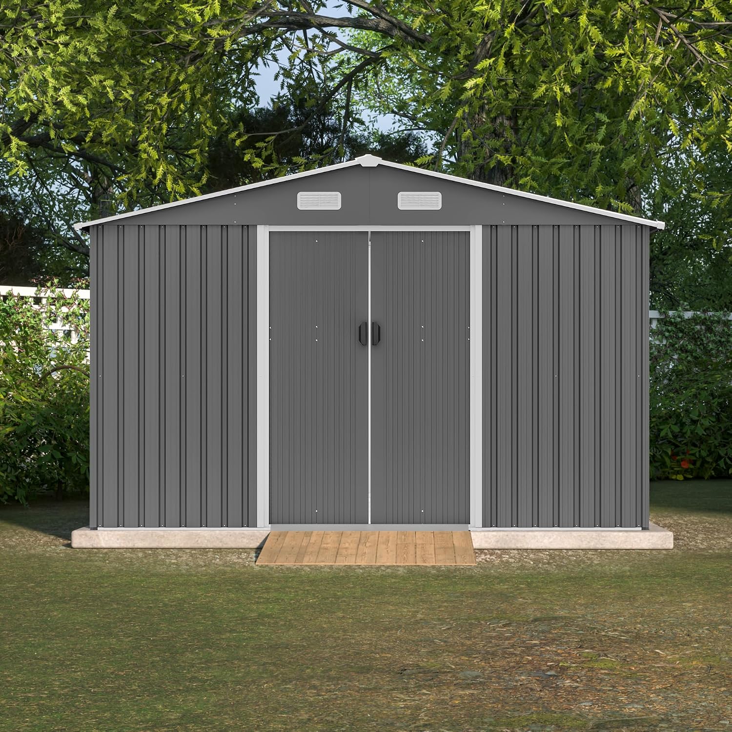 YOPTO 10X8 FT Outdoor Storage Shed W/Lockable Sliding Doors,Metal Shed W/Sloped Roof & Air Vents,All Weather Garden Tool House for Backyard Patio Lawn,Gray