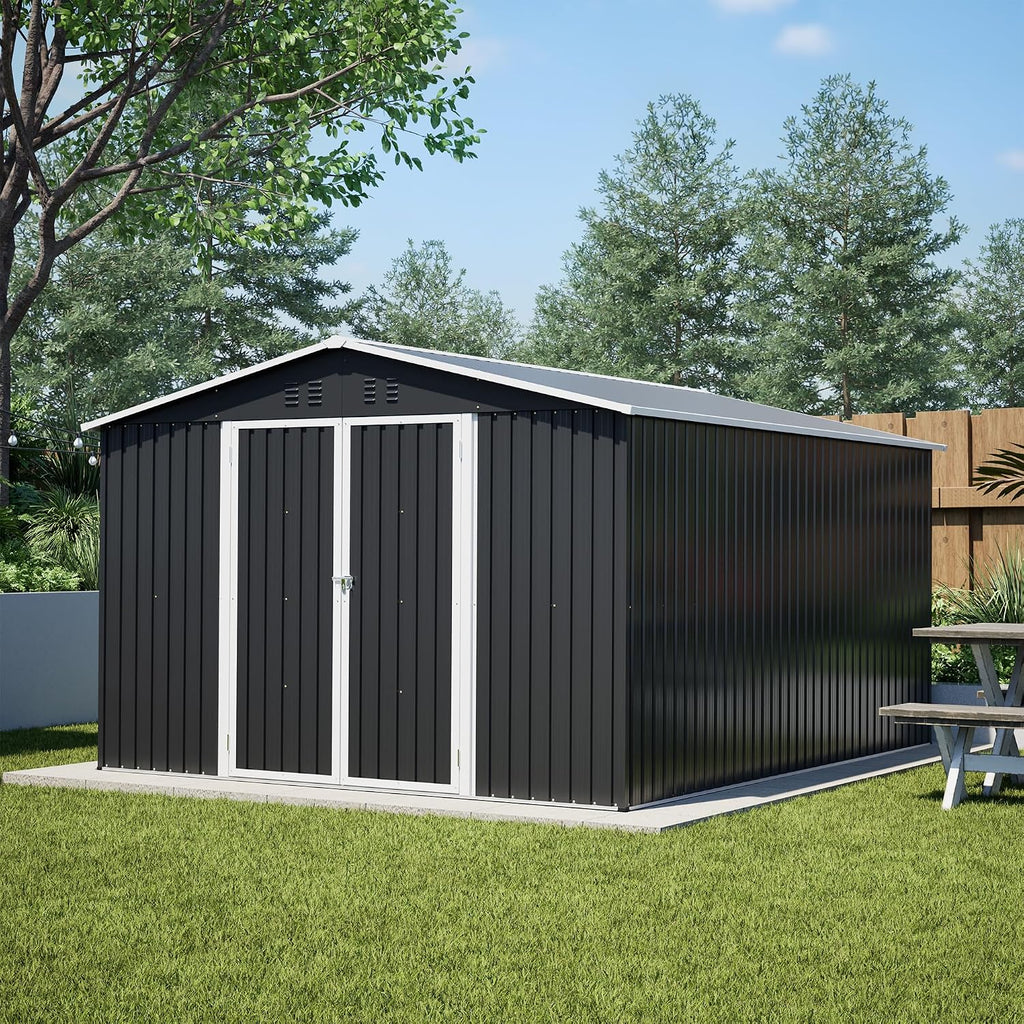 YOPTO 10x12 FT Outdoor Storage Shed,Metal Shed W/Updated Frame Structure,Garden Shed W/Lockable Door,2 Air Vents & Sloped Roof,for Backyard,Patio,Lawn,Black