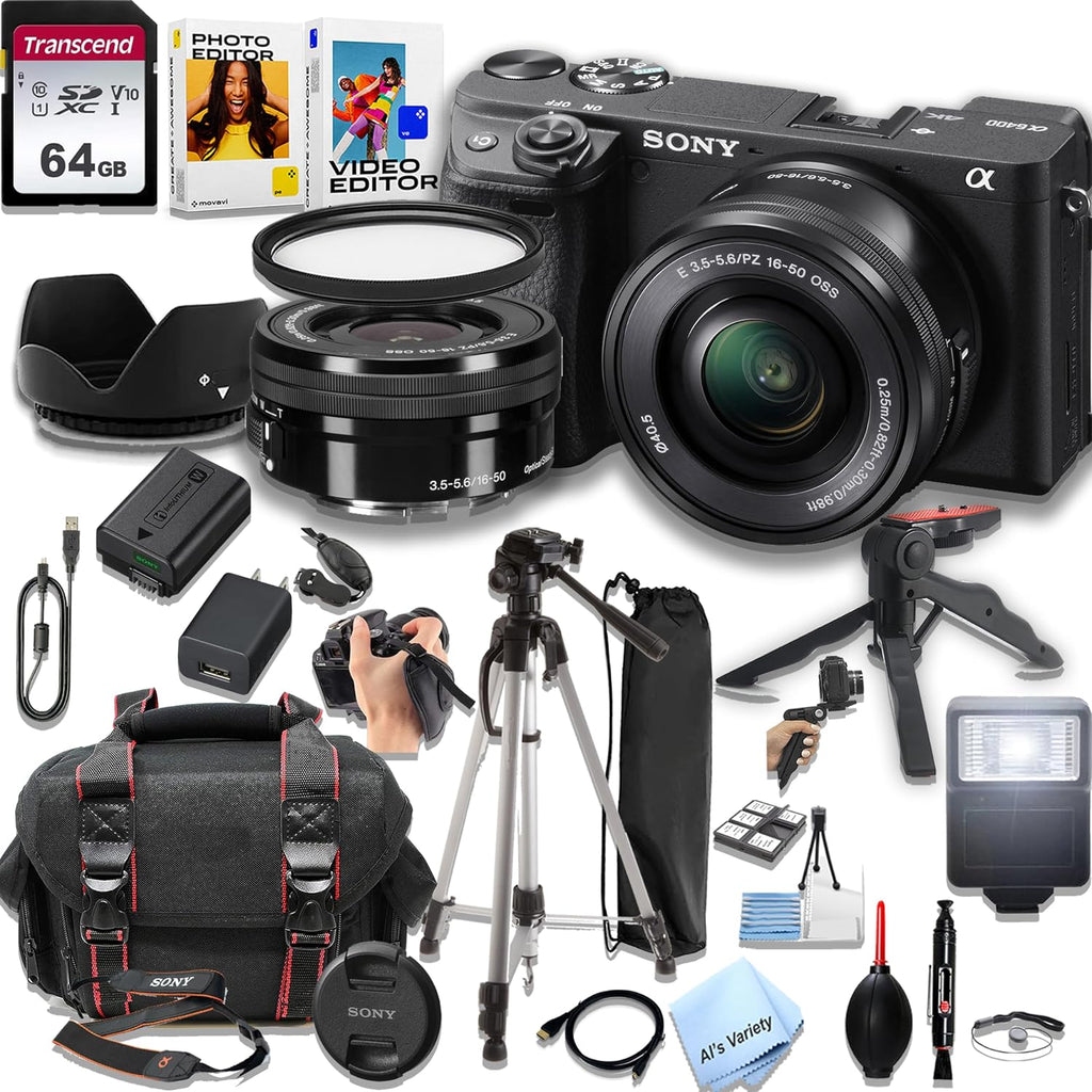 Sony a6400 Mirrorless Camera with 16-50mm Lens + 64GB Memory, Filters,Case, Tripod, Flash, and More (28pc Bundle) (Renewed), Black