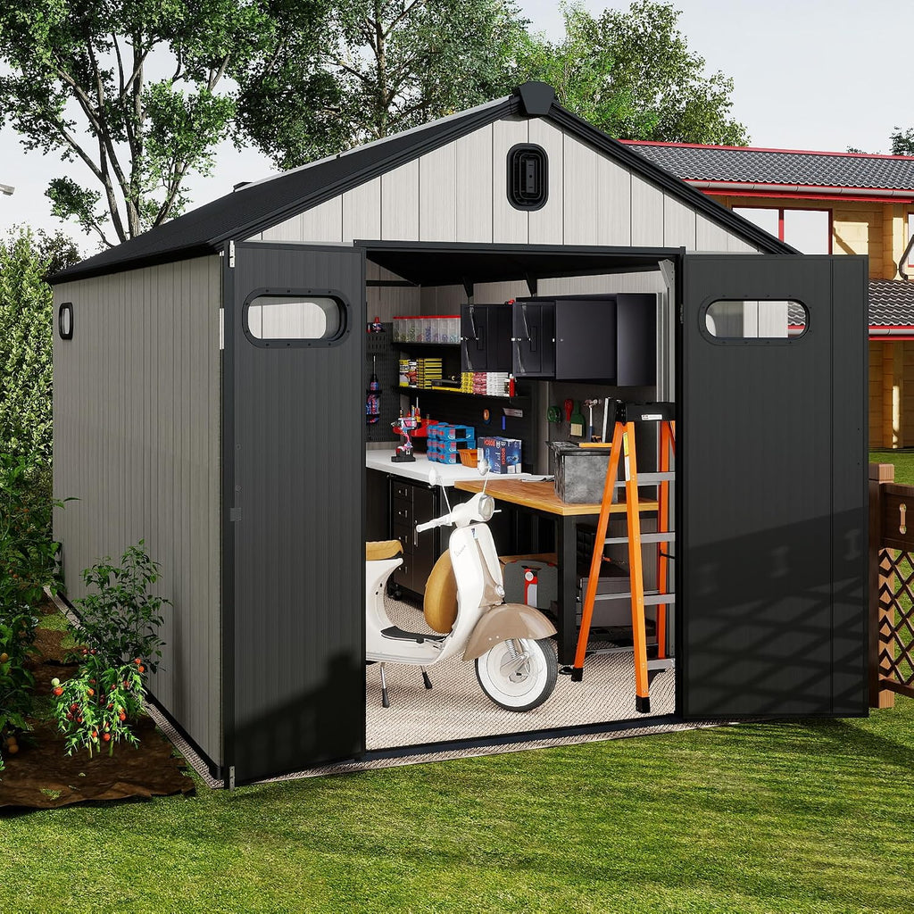 Domi 8x13.5FT Outdoor Resin Storage Shed with Transparent Windows & Louvered Vents, Plastic Tool Shed with Double Lockable Doors & Gable Roof, Outside Garden Shed for Backyard, Patio, Lawn, Grey