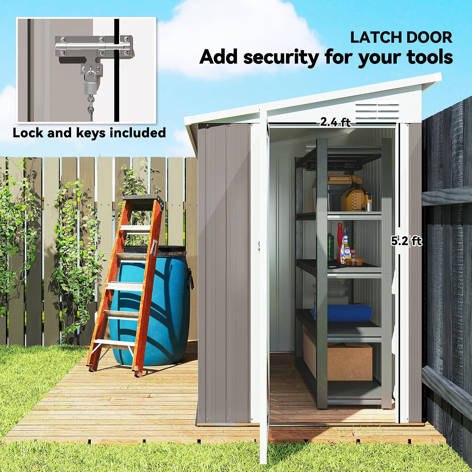 Outsunny 4' x 8' Metal Outdoor Storage Shed, Lean to Storage Shed, Garden Tool Storage House with Lockable Door and 2 Air Vents for Backyard, Patio, Lawn, Light Gray