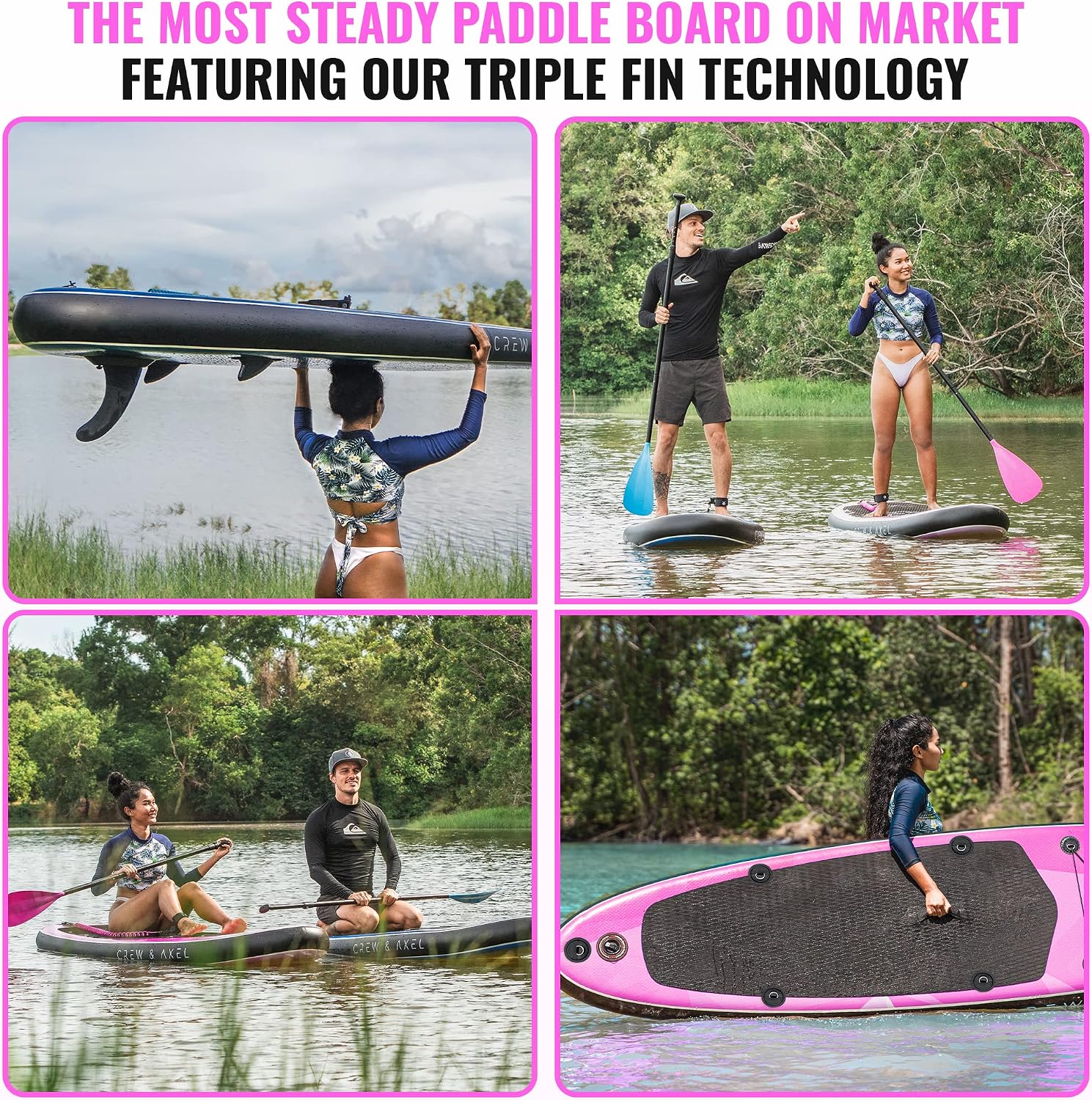 Crew Axel Inflatable Paddle Board 10'33'6' Extra Wide & Lightweight (18lb) Paddle Board – Premium SUP Set Includes 2 Bags, Floating Paddle, Camera Mount, 3 Fins, Dual Pump Kit
