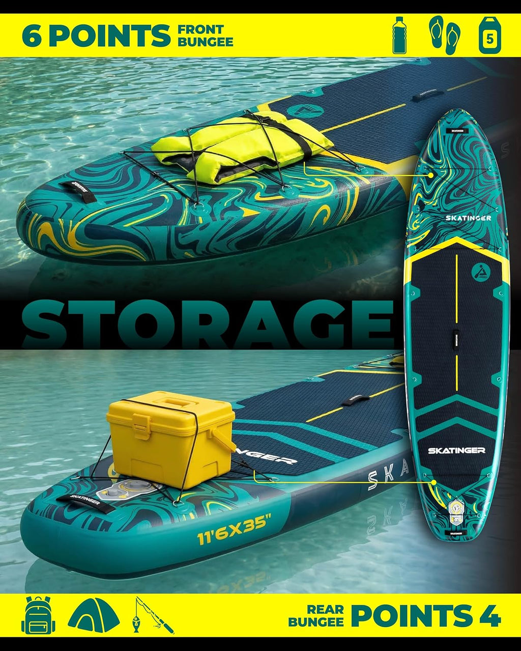 Skatinger 11'6×35' Super Wide Inflatable Paddle Board, Ultra Stable Stand Up Paddleboards for 450lb/3 People/Family/Big Size w/Shoulder Strap, 100L Backpack, Ultra-Light All-Round Sup Board