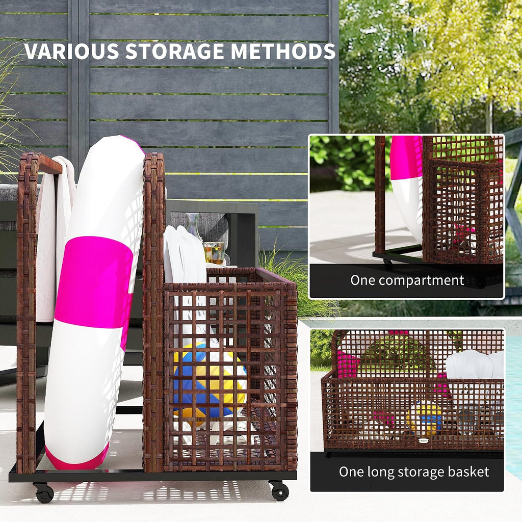 Outsunny Patio Wicker Pool Float Storage with Wheels, Outdoor Rolling PE Rattan Pool Caddy, Includes Compartment and Basket, for Pool, Garden, Deck, Brown
