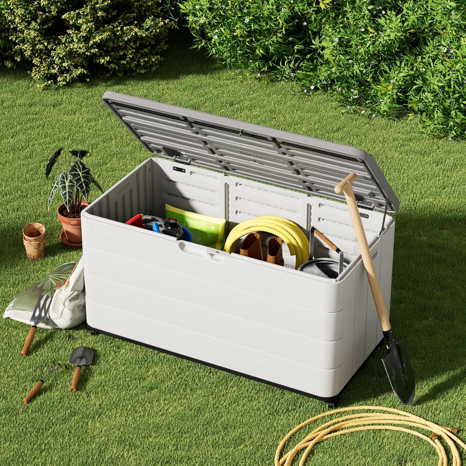 Mrosaa 110 Gallon Deck Box Waterproof with Wheels - Mobile Double-Wall Resin Outdoor Storage Box for Patio, Pool, & Garden - Lockable Deck Storage for Cushions, Pool Floats, Boat Slip (Off-White)