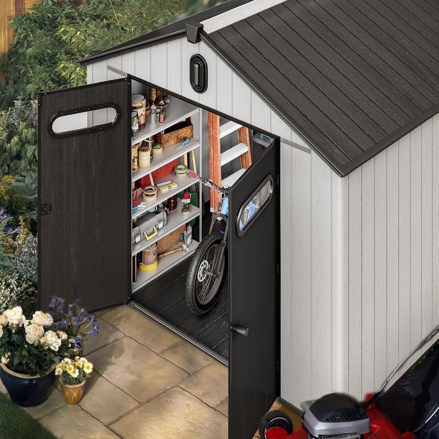 YITAHOME 8x8ft Outdoor Storage Shed with Floor, 427 cuft Waterproof Plastic Garden Shed with Lockable Door, Windows & Vents, Plastic Tool Storage for Patio Furniture, Lawn Mower, Bike Storage, Gray