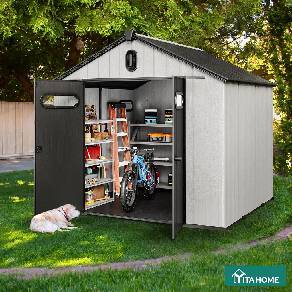 YITAHOME 8x8ft Outdoor Plastic Storage Shed with Floor, Extra Thick Waterproof Garden Shed with Lockable Door, Oval Vision Windows &Vents, 16mm Heavy Duty Tool Storage for Patio, Lawn, Bikes, Gray