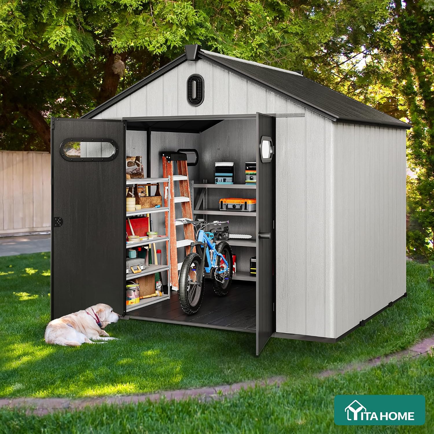 YITAHOME 8x8ft Outdoor Plastic Storage Shed with Floor, Extra Thick Waterproof Garden Shed with Lockable Door, Oval Vision Windows &Vents, 16mm Heavy Duty Tool Storage for Patio, Lawn, Bikes, Gray