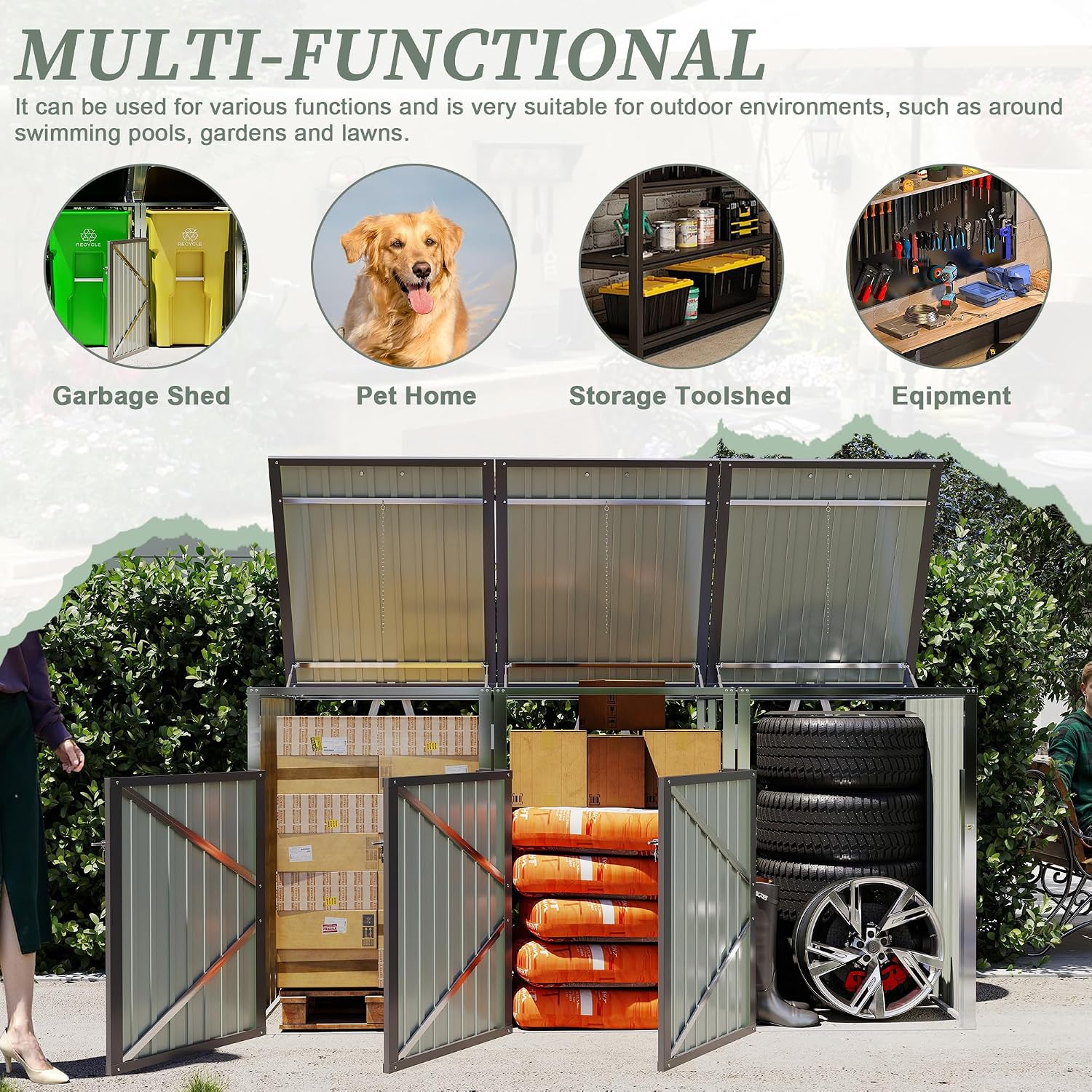 Montary 85 CU.FT Metal Outdoor Garbage Bin Storage Shed with Chain Lid, Waterproof Trash Can Organizer for 3 Bins, Garden Tools for Garden Yard Lawn, Grey