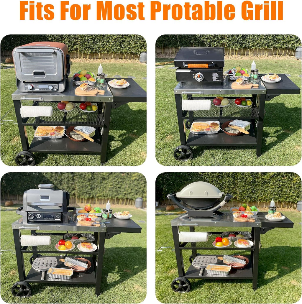 Grill Cart, Outdoor Grill Table, Pizza Oven Stand, Three-Shelf BBQ Table, Movable Dining Cart with Drawer, Fits for Ninja Woodfire Grill, Blackstone Griddle,Tabletop Grill