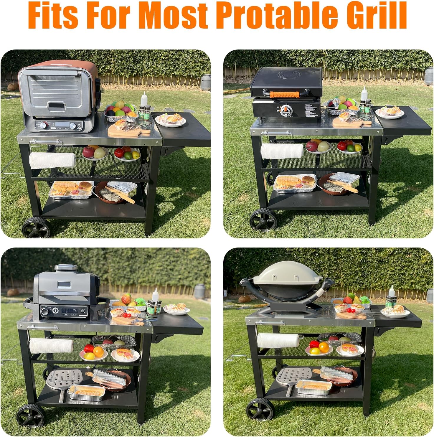 Grill Cart, Outdoor Grill Table, Pizza Oven Stand, Three-Shelf BBQ Table, Movable Dining Cart with Drawer, Fits for Ninja Woodfire Grill, Blackstone Griddle,Tabletop Grill