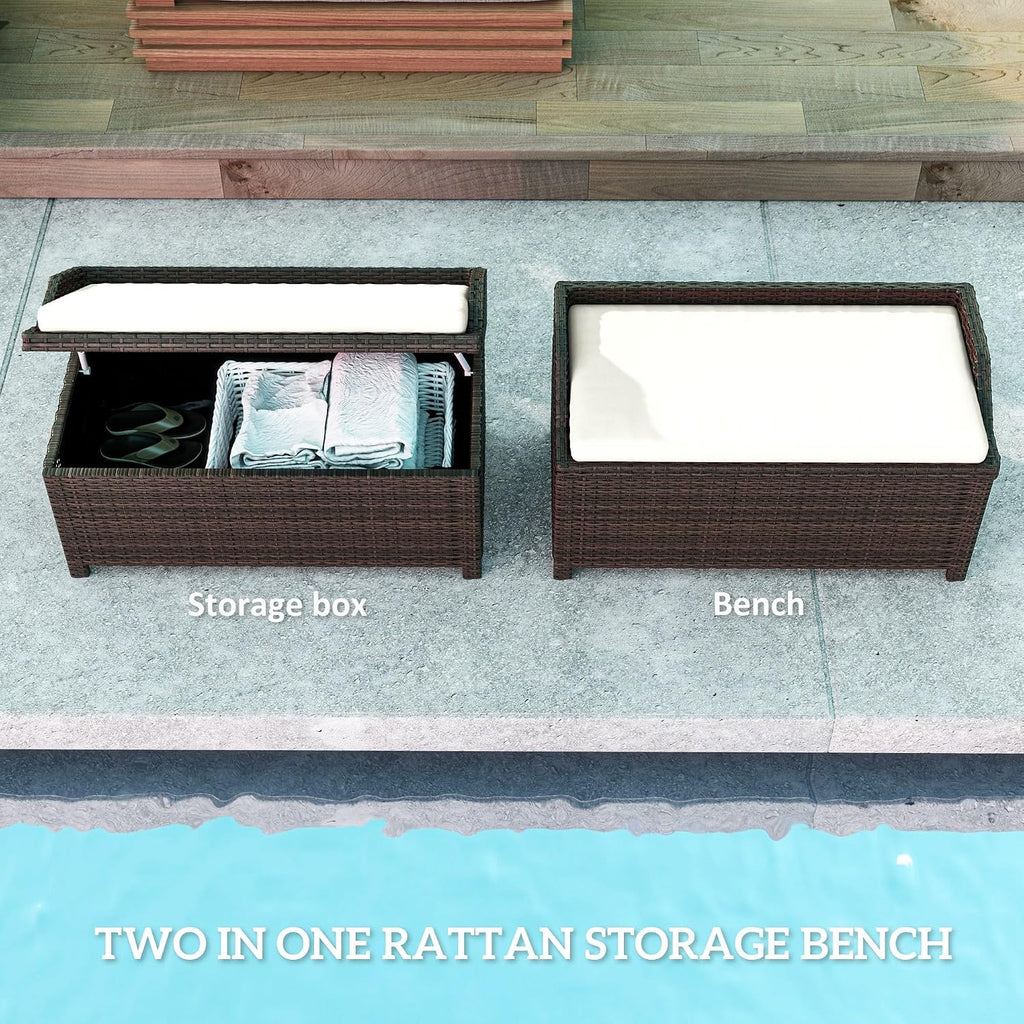 Outsunny 38 Gallon Outdoor Wicker Storage Bench Deck Box, PE Rattan Patio Furniture Pool Storage Bin Container with Interior Waterproof Cloth Bag and Comfortable Cushion, White