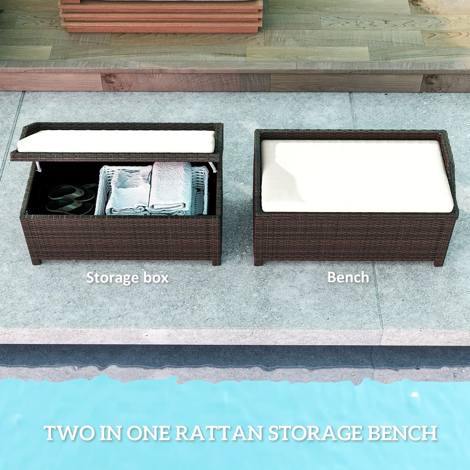 Outsunny 38 Gallon Outdoor Wicker Storage Bench Deck Box, PE Rattan Patio Furniture Pool Storage Bin Container with Interior Waterproof Cloth Bag and Comfortable Cushion, White