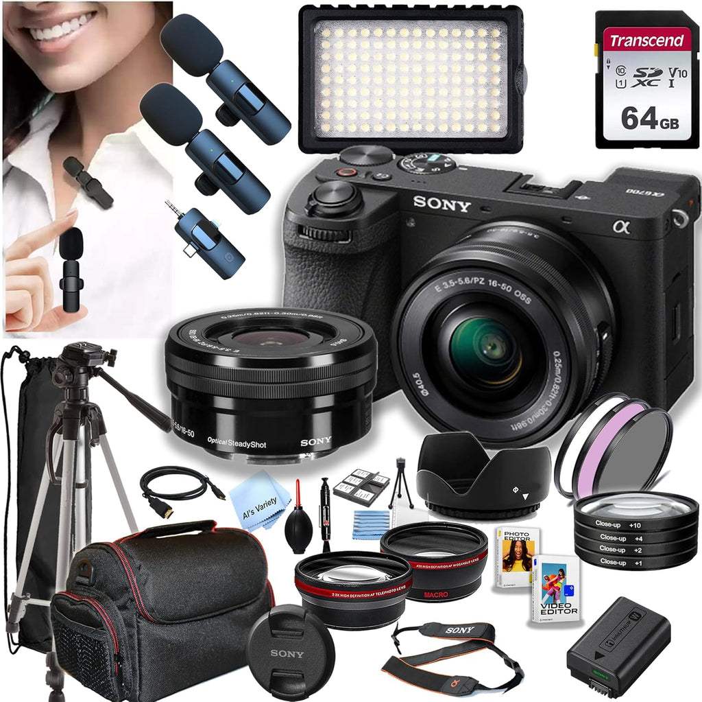 Sony a6700 Mirrorless Camera with 16-50mm Lens + 64GB Memory,Wireless Lavalier Microphones, 126 LED Light, Filters,Case, Tripod, and More (34pc Bundle)