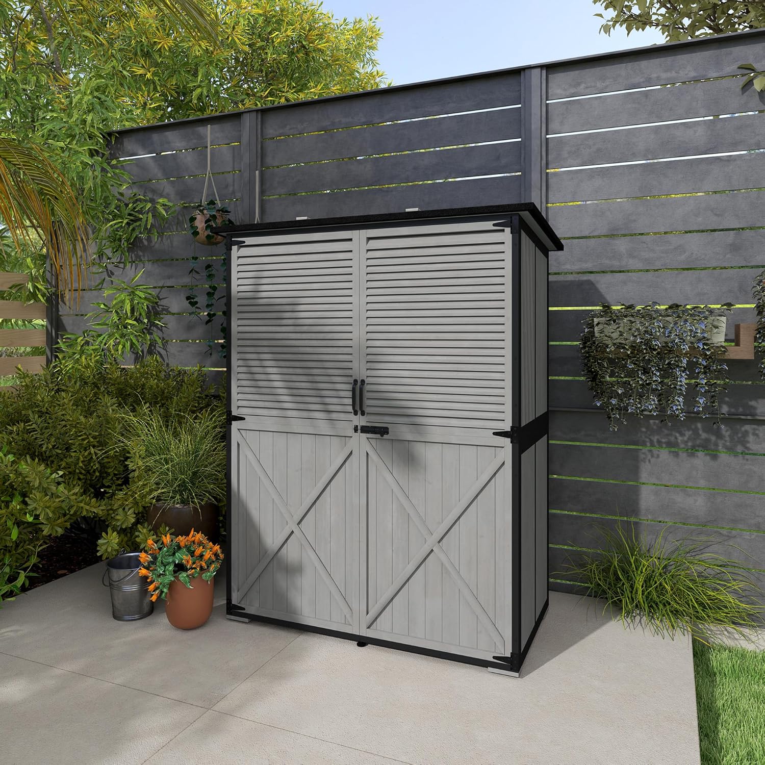 Outsunny Outdoor Storage Cabinet, Wood Garden Tool Shed with Lock, Steel Frame and Asphalt Roof, Garden Storage Shed with Adjustable Shelves and Feet for Patio Backyard Lawn, Gray
