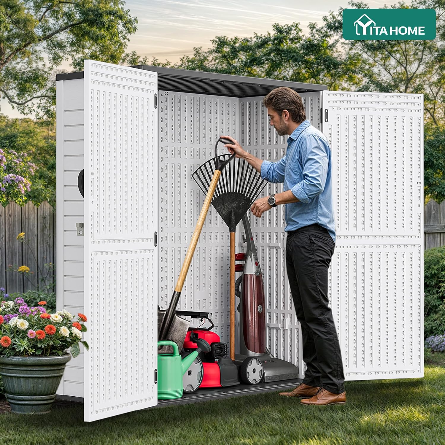 YITAHOME 59 cuft Outdoor Vertical Storage Shed, Tall Storage Shed Outdoor w/o Shelf, Outdoor Waterproof Storage Cabinet for Garage, Pool Storage, Garden Shed Outdoor Storage, Light Gray