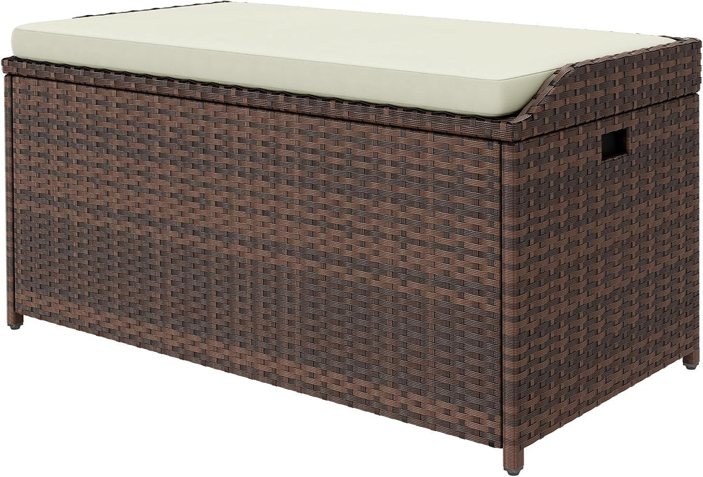 DWVO Outdoor Storage Bench, 70 Gallon Patio Storage Box w/Handles and Soft Cushion,PE Rattan Benches for Outside, Patio, Yard, Lawn, Garden,Brown