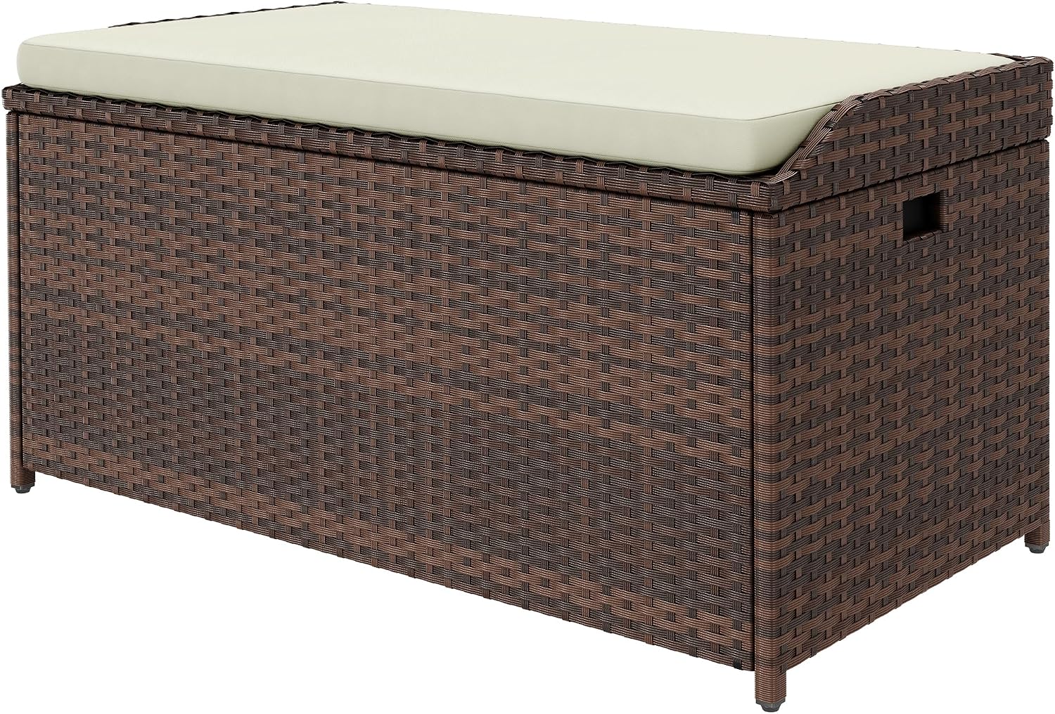 DWVO Outdoor Storage Bench, 70 Gallon Patio Storage Box w/Handles and Soft Cushion,PE Rattan Benches for Outside, Patio, Yard, Lawn, Garden,Brown