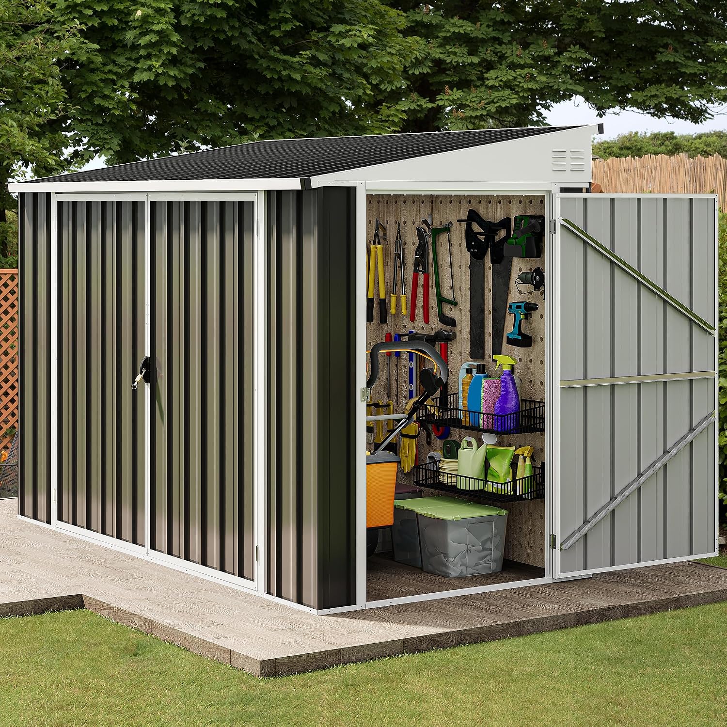 DWVO 7' x 4' Outdoor Storage Shed, Large Metal Tool Sheds, Heavy Duty Storage House with 3 Lockable Doors & Air Vent for Backyard Patio Lawn to Store Bikes, Tools, Lawnmowers, Dark Gray