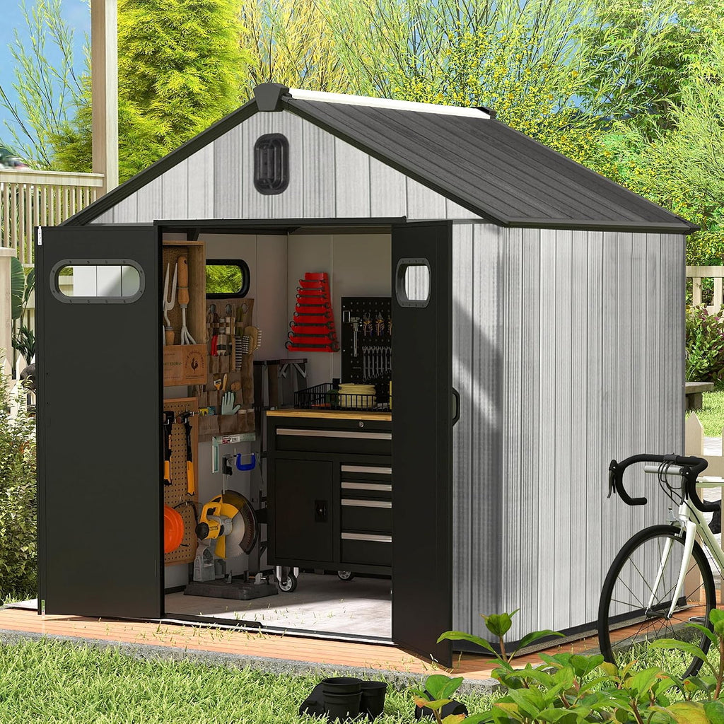 Domi 8x8 FT Outdoor Resin Storage Shed, All-Weather Double-Wall Storage Building for Backyard, Garden, Lawn Tools, Mower, Bike & Pool Equipment, Lockable Doors, Ventilated Roof, Grey