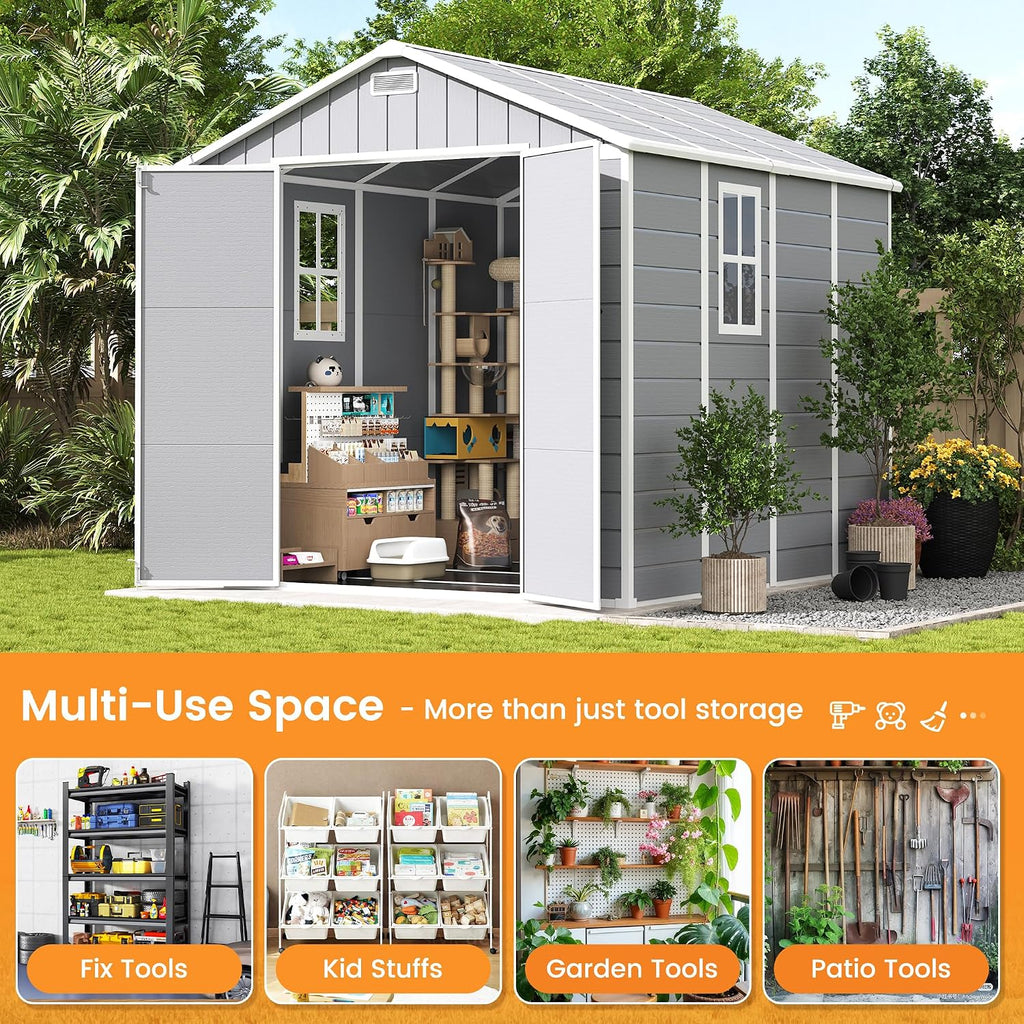 UDPATIO Storage Shed 8 x 8 FT, Resin Outdoor Outside Shed Clearance Sheds with Floor Included Plastic Solitude Cottage Shed She Sheds Buildings Garden Tool Shed with Lockable Door Garbage Gray White