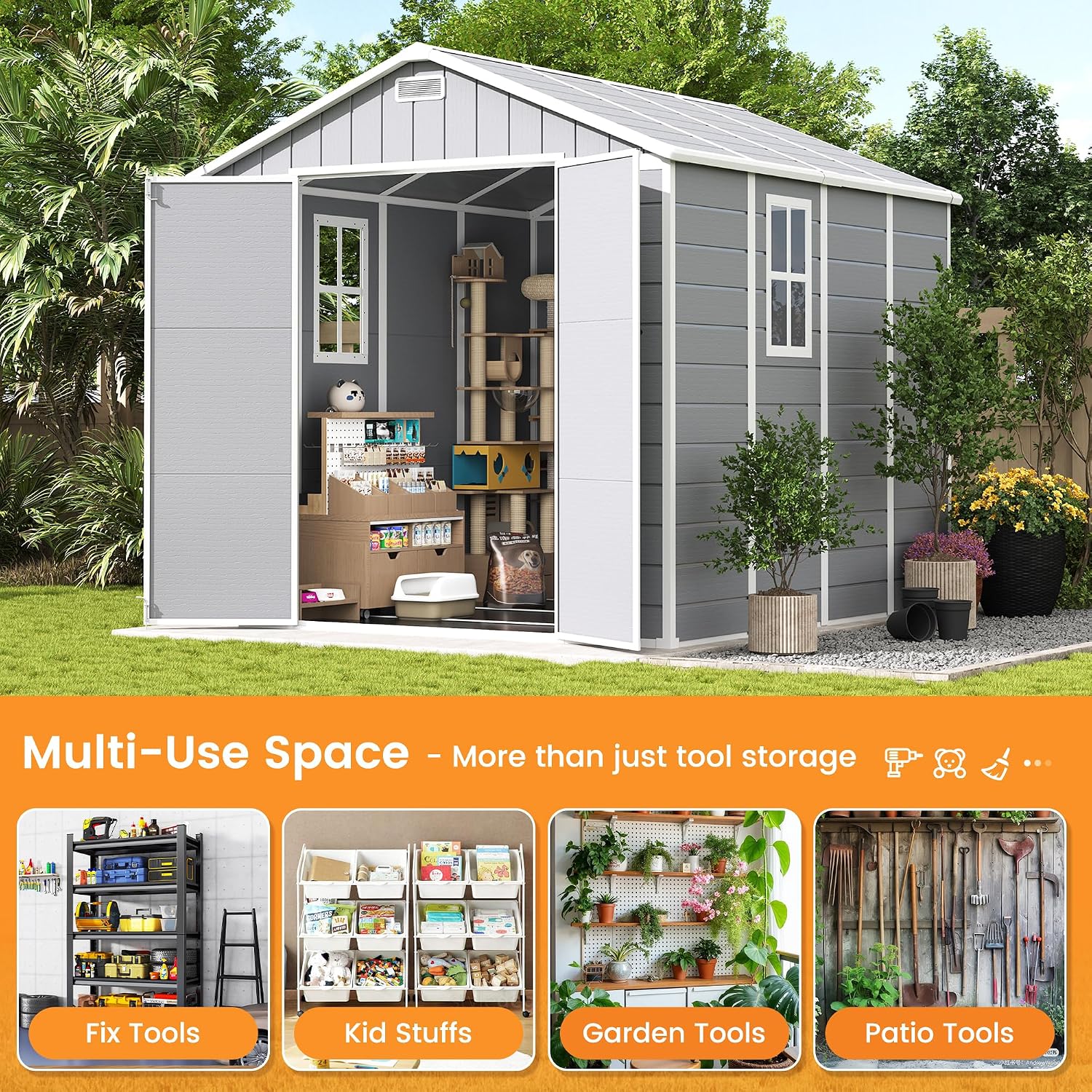 UDPATIO Storage Shed 8 x 8 FT, Resin Outdoor Outside Shed Clearance Sheds with Floor Included Plastic Solitude Cottage Shed She Sheds Buildings Garden Tool Shed with Lockable Door Garbage Gray White