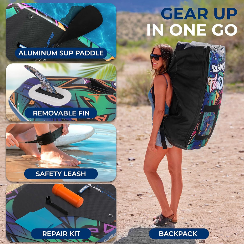 SereneLife Inflatable Stand Up Paddle Board - Wide Stable Design, Non-Slip Deck for Adults & Youth with Premium Paddle Board Accessories: Carry Bag, Dual Action Pump, Paddle, Ankle Leash