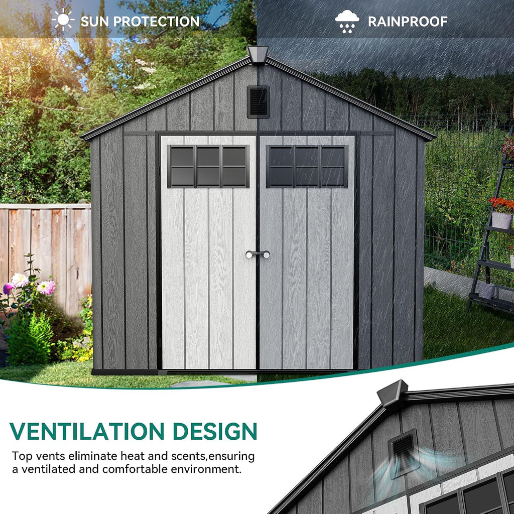 YITAHOME Large Outdoor Storage Shed 8x10 Ft, Extra Thick Plastic Storage Sheds with Floor, Lockable Doors, Vision Grid Windows, Vents, 16mm Heavy Duty Garden Storage for Bikes Mowers and Tools, Black