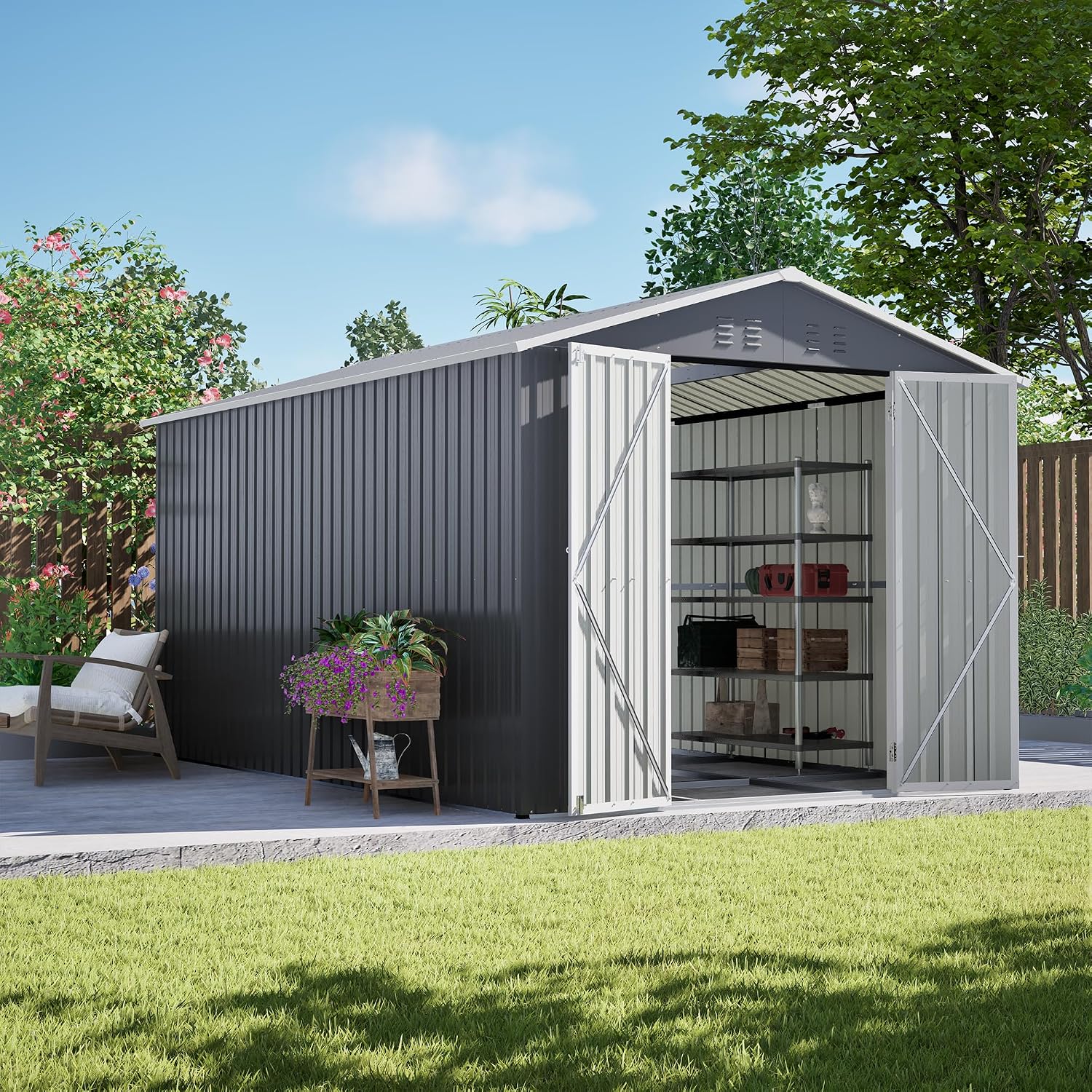 8x12 FT Outdoor Storage Shed, Utility Metal Tool Storage with Lockable Doors,Galvanized Steel FrameStructure, Metal Garden Shed for Backyard, Patio,Lawn