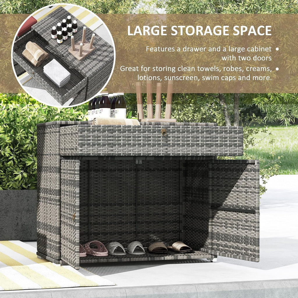 Outsunny Wicker Outdoor Storage Cabinet, Pool Towel Storage Cabinet with Drawer, Freestanding PE Rattan Pool Towel Holder for Indoor, Outdoor Swimming Pool, Spa (Gray)