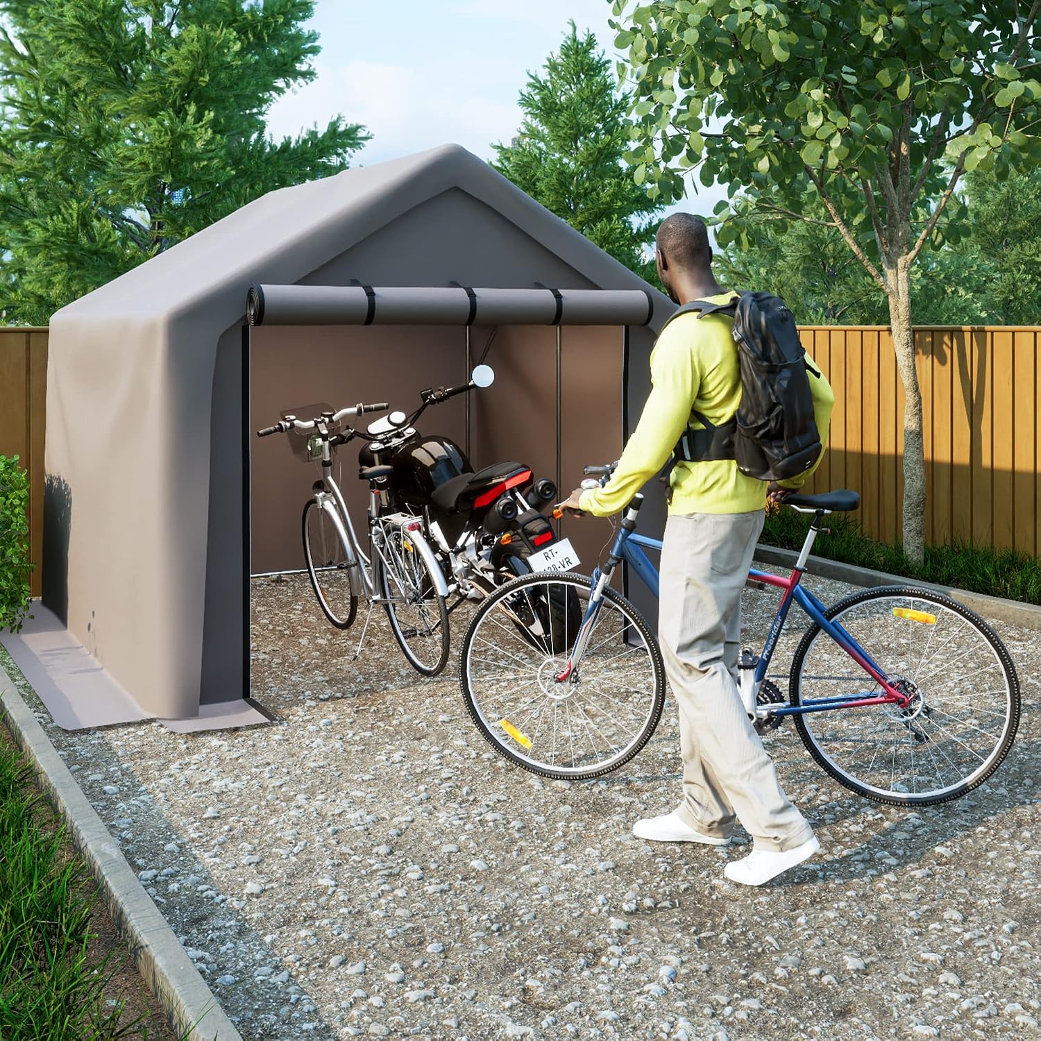 8x8 ft Portable Outdoor Storage Tent Shelter Shed, Heavy Duty Storage Tent with Roll-up Doors Shelter for Garden Tool, Lawn Mower, Motorcycleand, Bike - Gray