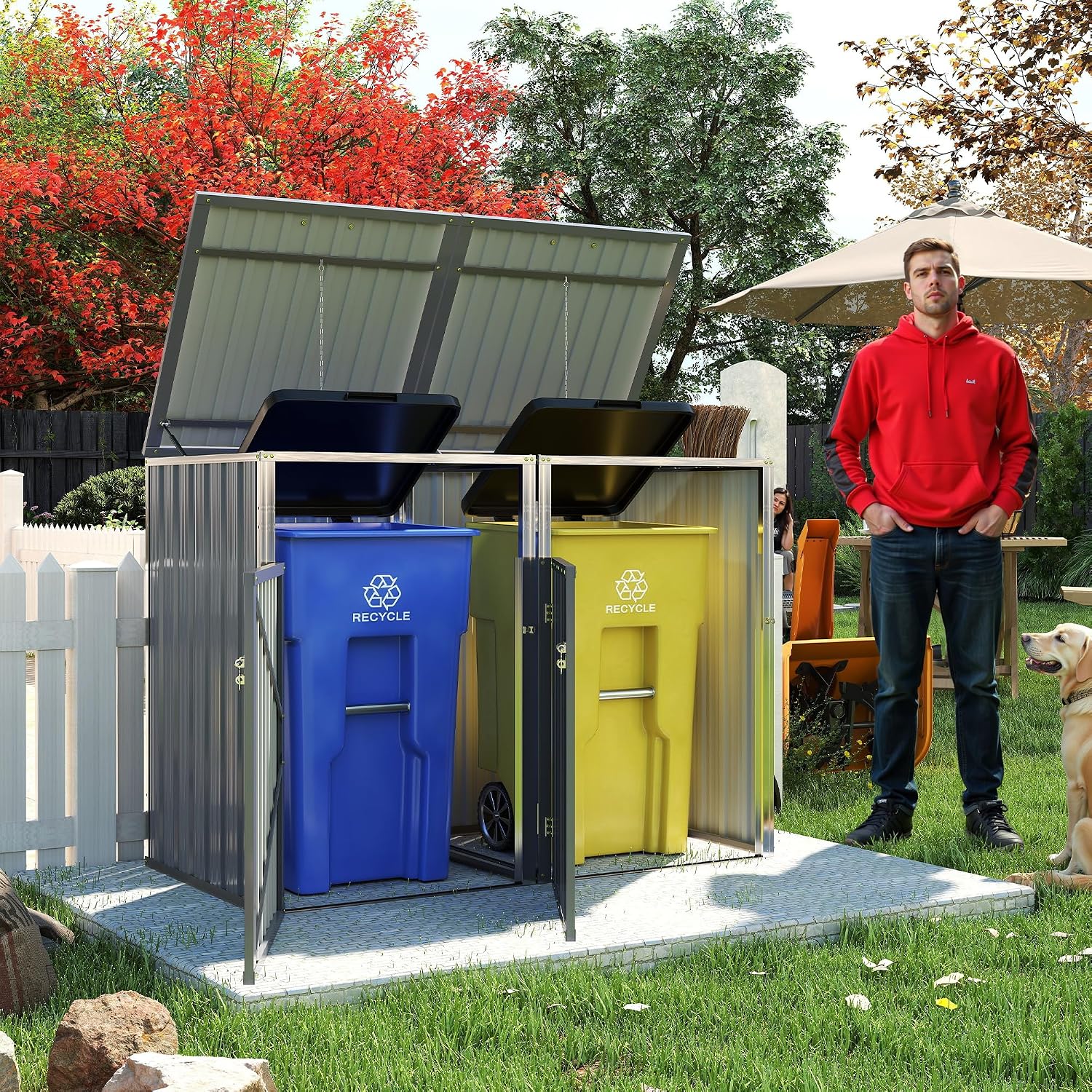 Garbage Bin Storage Shed for 2 Trash Cans, 54 Cu Ft Outdoor Metal Trash Can Enclosure, Galvanized Steel Utility Shed for Garden, Yard, Lawn, Snow Prevention，Easy Assembly (Light Gray, 2 Doors)