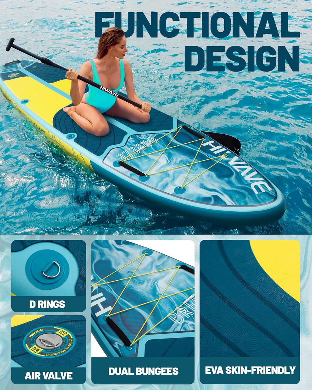 Hiwave Inflatable Stand Up Paddle Board 11'*34'*6' Sup Board, 420lbs Capacity Adult&Youth Paddle Board, Pet Friendly for Ocean&Lake, w/Double Action Hand Pump