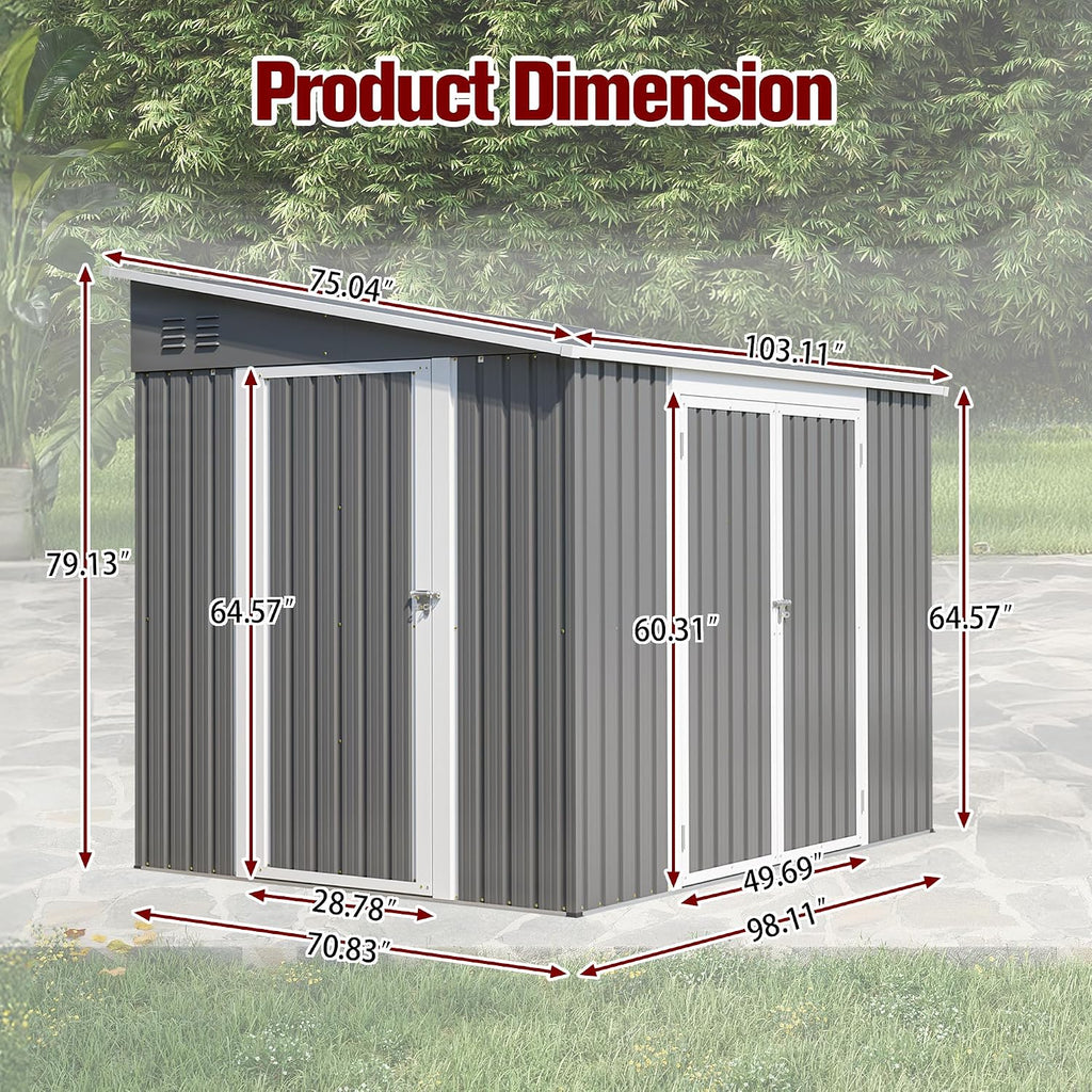 8x6FT Lean to Shed with Floor Frame, Metal Outdoor Storage Shed with Two Separate Doors for Garden Backyard Patio, Large Tool Shed for Bicycle&Lawn Mower Storage
